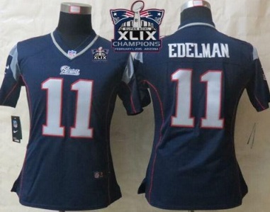 Women New England Patriots 11 Julian Edelman Navy Blue Team Color Super Bowl XLIX Champions Patch Stitched NFL Jersey