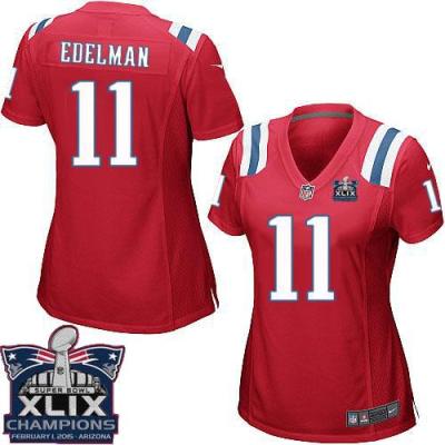 Women New England Patriots 11 Julian Edelman Red Alternate Super Bowl XLIX Champions Patch Stitched NFL Jersey