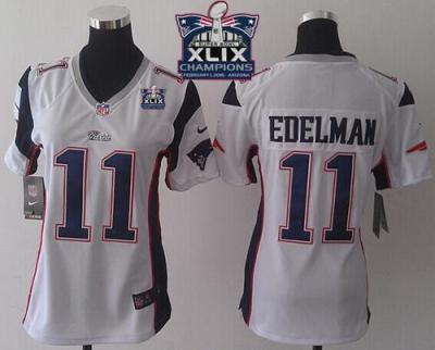 Women New England Patriots 11 Julian Edelman White Super Bowl XLIX Champions Patch Stitched NFL Jersey
