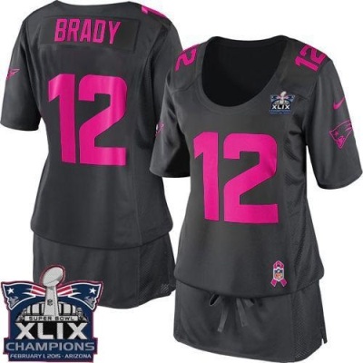 Women New England Patriots 12 Tom Brady Dark Grey Super Bowl XLIX Champions Patch Breast Cancer Awareness Stitched NFL Jersey