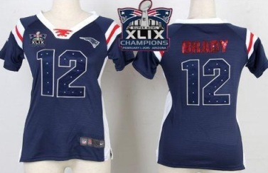 Women New England Patriots 12 Tom Brady Navy Blue Super Bowl XLIX Champions Patch Stitched NFL Draft Him Shimmer Jersey