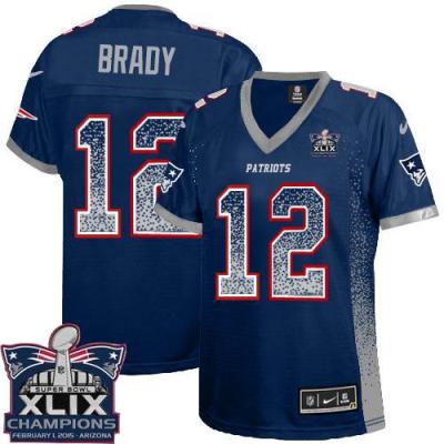 Women New England Patriots 12 Tom Brady Navy Blue Team Color Super Bowl XLIX Champions Patch Stitched NFL Drift Fashion Jersey