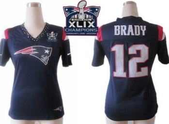 Women New England Patriots 12 Tom Brady Navy Blue Team Color Super Bowl XLIX Champions Patch Team Diamond Stitched NFL Jersey