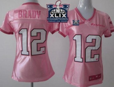 Women New England Patriots 12 Tom Brady Pink Super Bowl XLIX Champions Patch Be Luv-d Stitched NFL Jersey