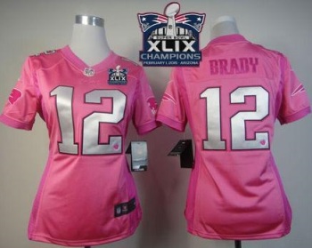 Women New England Patriots 12 Tom Brady Pink Super Bowl XLIX Champions Patch Be Luv-d Stitched NFL Jerseys