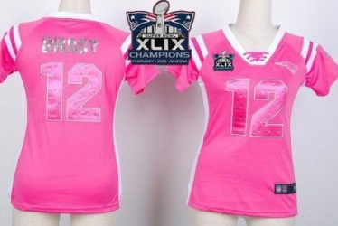 Women New England Patriots 12 Tom Brady Pink Super Bowl XLIX Champions Patch Stitched NFL Draft Him Shimmer Jersey