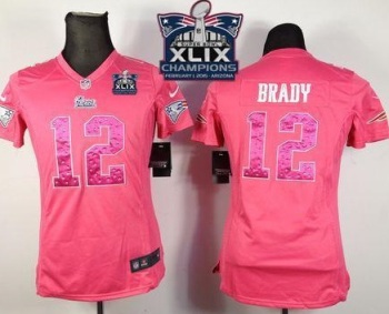 Women New England Patriots 12 Tom Brady Pink Sweetheart Super Bowl XLIX Champions Patch Stitched NFL Jersey