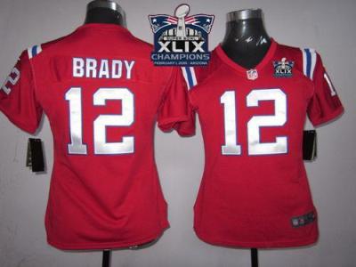 Women New England Patriots 12 Tom Brady Red Alternate Super Bowl XLIX Champions Patch Stitched NFL Jersey