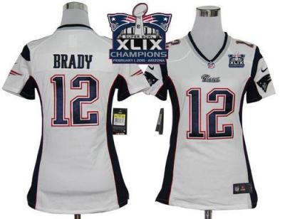 Women New England Patriots 12 Tom Brady White Super Bowl XLIX Champions Patch Stitched NFL Jersey
