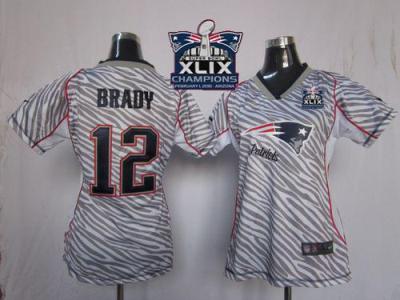 Women New England Patriots 12 Tom Brady Zebra Super Bowl XLIX Champions Patch Stitched NFL Jersey