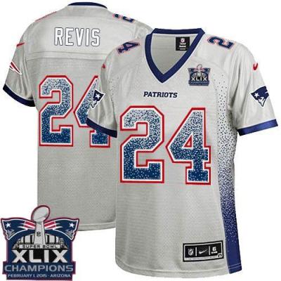 Women New England Patriots 24 Darrelle Revis Grey Super Bowl XLIX Champions Patch Stitched NFL Drift Fashion Jersey