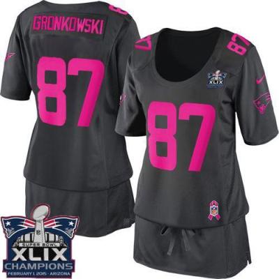 Women New England Patriots 87 Rob Gronkowski Dark Grey Super Bowl XLIX Champions Patch Breast Cancer Awareness Stitched NFL Elite