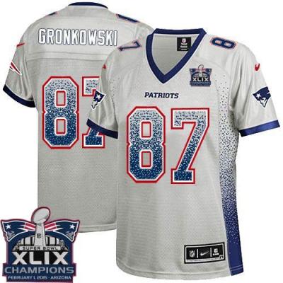Women New England Patriots 87 Rob Gronkowski Grey Super Bowl XLIX Champions Patch Stitched NFL Drift Fashion Jersey