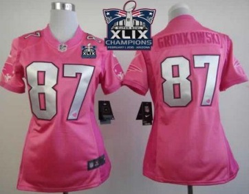 Women New England Patriots 87 Rob Gronkowski Pink Super Bowl XLIX Champions Patch Be Luv-d Stitched NFL Jersey