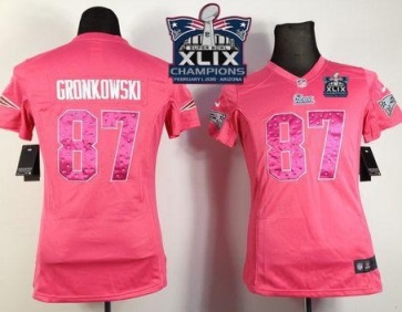 Women New England Patriots 87 Rob Gronkowski Pink Sweetheart Super Bowl XLIX Champions Patch Stitched NFL Jersey