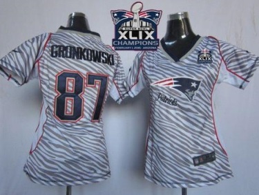 Women New England Patriots 87 Rob Gronkowski Zebra Super Bowl XLIX Champions Patch Stitched NFL Jersey