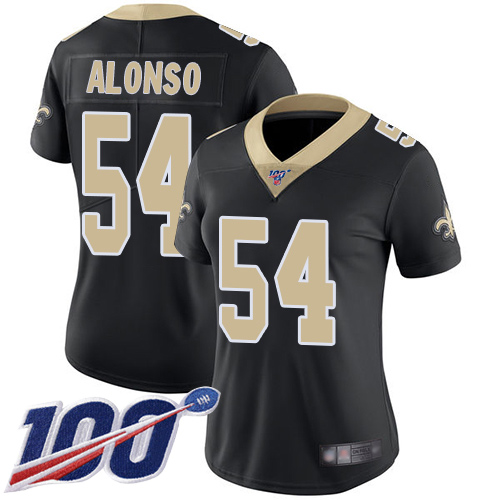 Women New Orleans Saints #54 Kiko Alonso Black Vapor Untouchable 100th season Patch Jersey