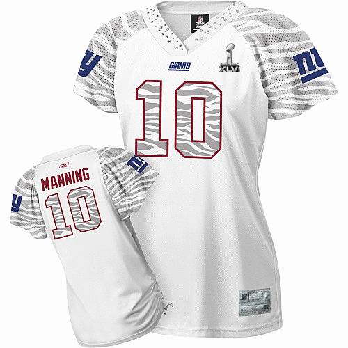 Women New York Giants #10 Eli Manning Zebra Field Flirt 2012 Super Bowl XLVI Jersey White