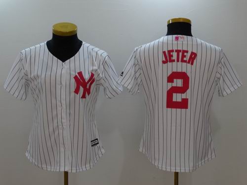 Women New York Yankees #2 Derek Jeter White Strip Mother's Day Jersey