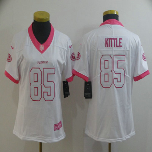 Women Nike 49ers 85 George Kittle White Pink Women Rush Limited Jersey