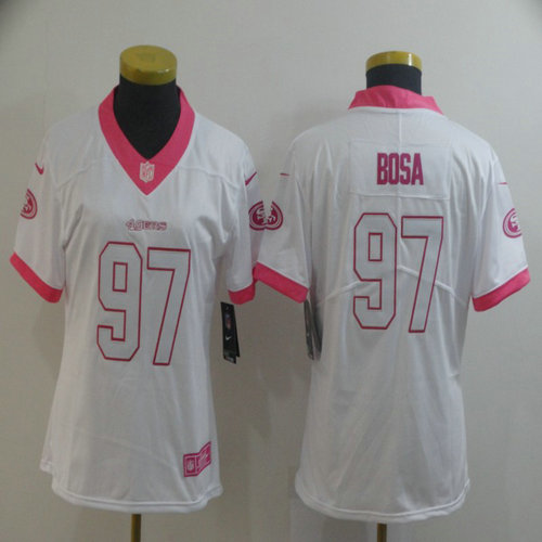 Women Nike 49ers 97 Nick Bosa White Pink Women Rush Limited Jersey