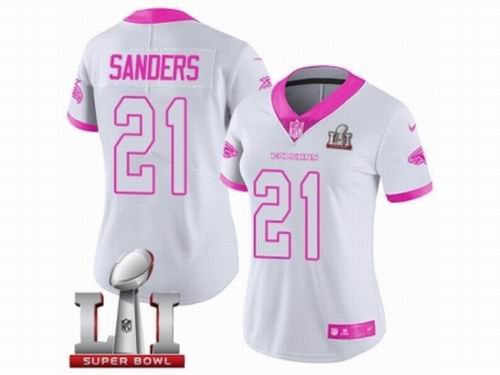 Women Nike Atlanta Falcons #21 Deion Sanders Limited White Pink Rush Fashion Super Bowl LI 51 Jersey