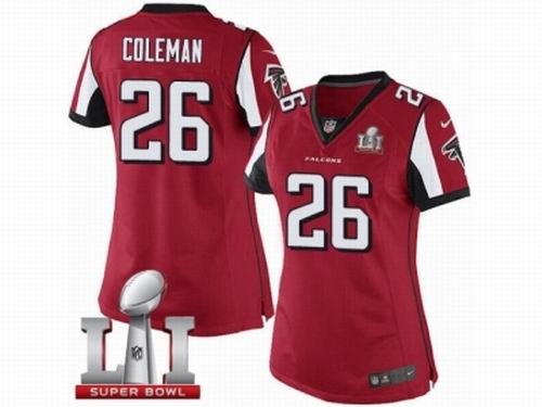 Women Nike Atlanta Falcons #26 Tevin Coleman Limited Red Team Color Super Bowl LI 51 Jersey