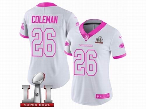 Women Nike Atlanta Falcons #26 Tevin Coleman Limited White Pink Rush Fashion Super Bowl LI 51 Jersey