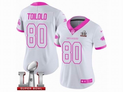 Women Nike Atlanta Falcons #80 Levine Toilolo Limited White Pink Rush Fashion Super Bowl LI 51 Jersey