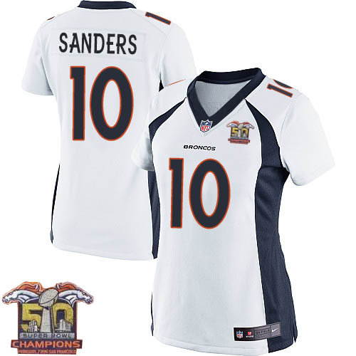 Women Nike Broncos 10 Emmanuel Sanders White NFL Road Super Bowl 50 Champions Jersey