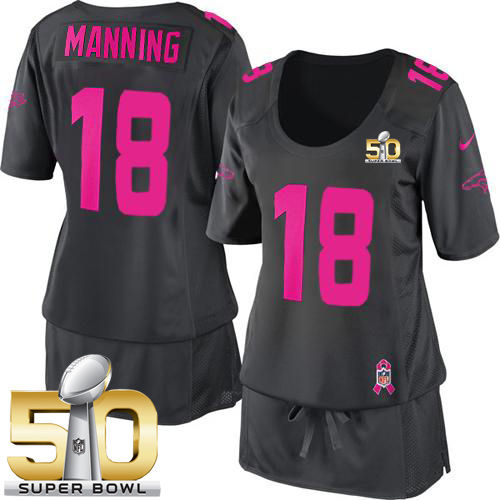 Women Nike Broncos 18 Peyton Manning Dark Grey Super Bowl 50 Breast Cancer Awareness NFL Jersey