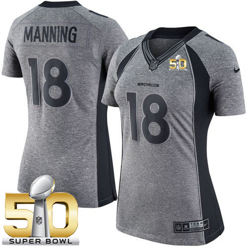 Women Nike Broncos 18 Peyton Manning Gray Super Bowl 50 NFL Limited Gridiron Gray Jersey