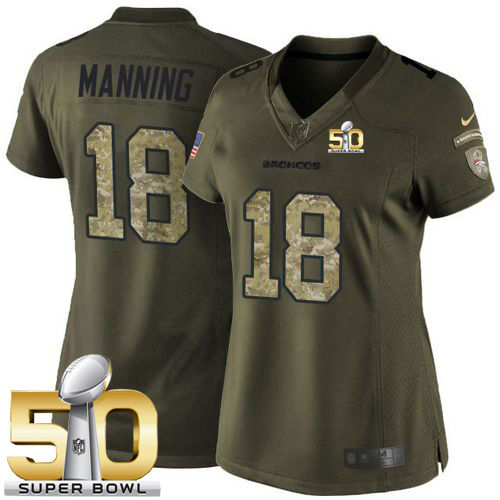 Women Nike Broncos 18 Peyton Manning Green Super Bowl 50 NFL Limited Salute to Service Jersey