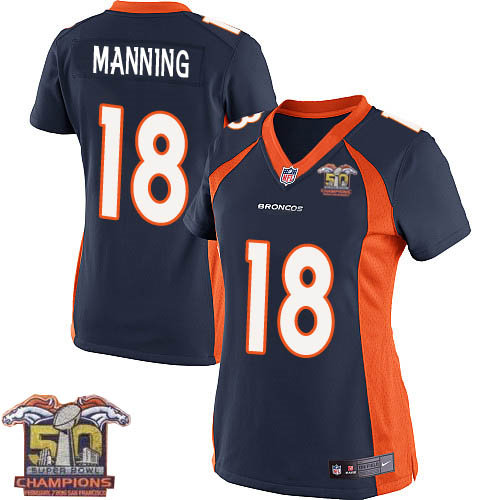 Women Nike Broncos 18 Peyton Manning Navy Blue NFL Alternate Super Bowl 50 Champions Jersey