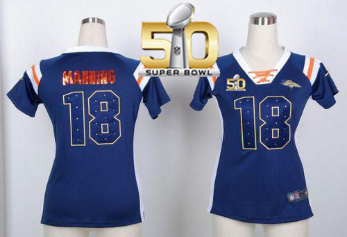 Women Nike Broncos 18 Peyton Manning Navy Blue Super Bowl 50 NFL Draft Him Shimmer Jersey