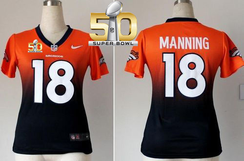 Women Nike Broncos 18 Peyton Manning Orange Blue Super Bowl 50 NFL Fadeaway Fashion Jersey