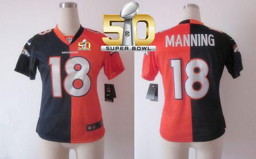 Women Nike Broncos 18 Peyton Manning Orange Blue Super Bowl 50 NFL Split Colts Jersey