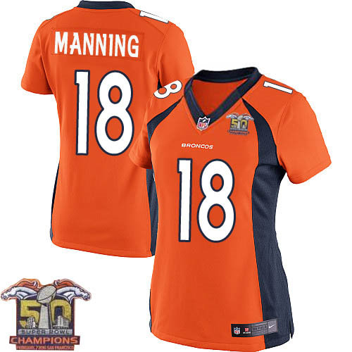 Women Nike Broncos 18 Peyton Manning Orange NFL Home Super Bowl 50 Champions Jersey