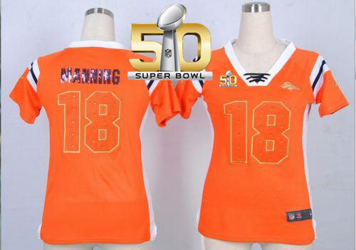 Women Nike Broncos 18 Peyton Manning Orange Super Bowl 50 NFL Draft Him Shimmer Jersey
