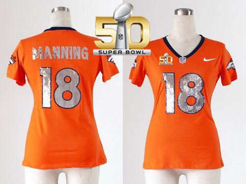 Women Nike Broncos 18 Peyton Manning Orange Team Color Handwork Sequin Lettering Super Bowl 50 NFL Jersey