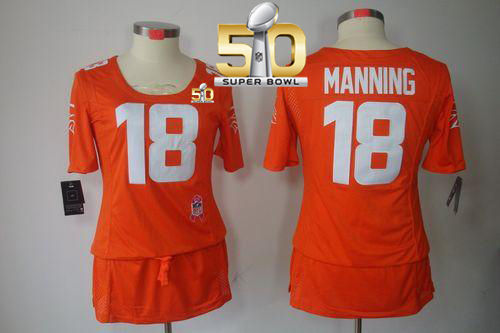 Women Nike Broncos 18 Peyton Manning Orange Team Color Super Bowl 50 Breast Cancer Awareness NFL Jersey