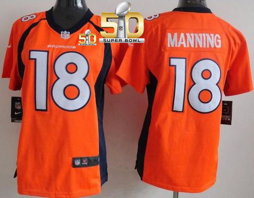 Women Nike Broncos 18 Peyton Manning Orange Team Color Super Bowl 50 NFL New Jersey