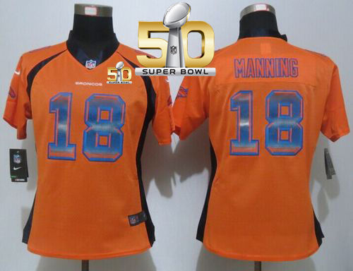 Women Nike Broncos 18 Peyton Manning Orange Team Color Super Bowl 50 NFL Strobe Jersey