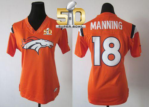 Women Nike Broncos 18 Peyton Manning Orange Team Color Super Bowl 50 NFL Team Diamond Jerse