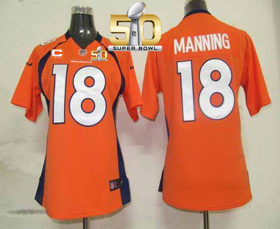 Women Nike Broncos 18 Peyton Manning Orange Team Color With C Patch Super Bowl 50 NFL Jersey
