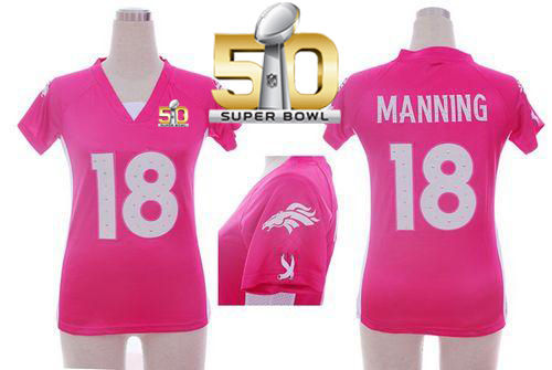 Women Nike Broncos 18 Peyton Manning Pink Draft Him Name & Number Top Super Bowl 50 NFL Jersey