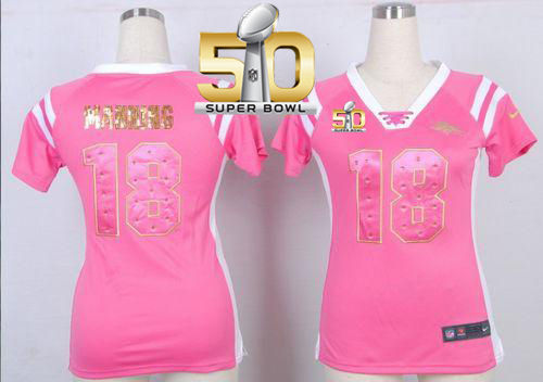 Women Nike Broncos 18 Peyton Manning Pink Super Bowl 50 NFL Draft Him Shimmer Jersey