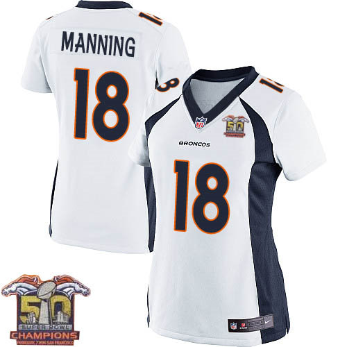 Women Nike Broncos 18 Peyton Manning White NFL Road Super Bowl 50 Champions Jersey