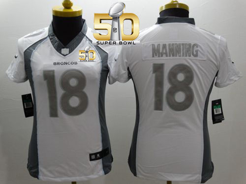 Women Nike Broncos 18 Peyton Manning White Super Bowl 50 NFL Limited Platinum Jersey