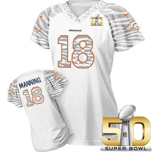 Women Nike Broncos 18 Peyton Manning White Super Bowl 50 Zebra Field Flirt NFL Jersey